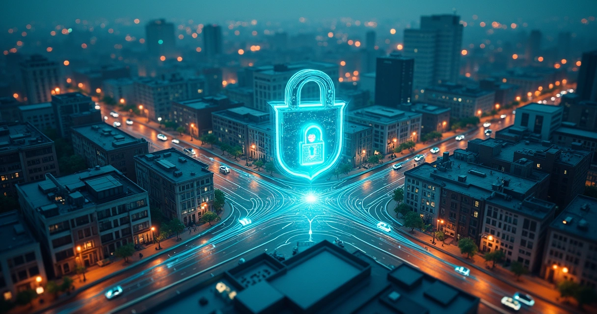 Rede de dispositivos IoT conectados com cadeado digital sobre cidade noturna 
