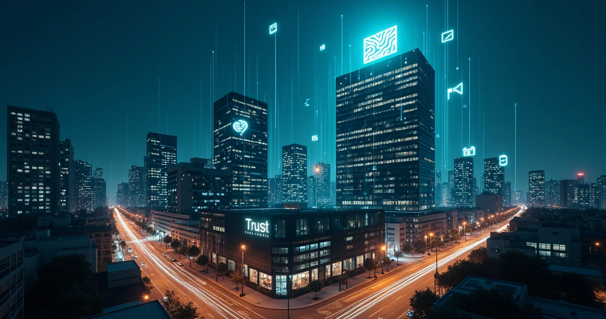 Skyline corporativo à noite com logotipo luminoso conectado a ícones digitais 