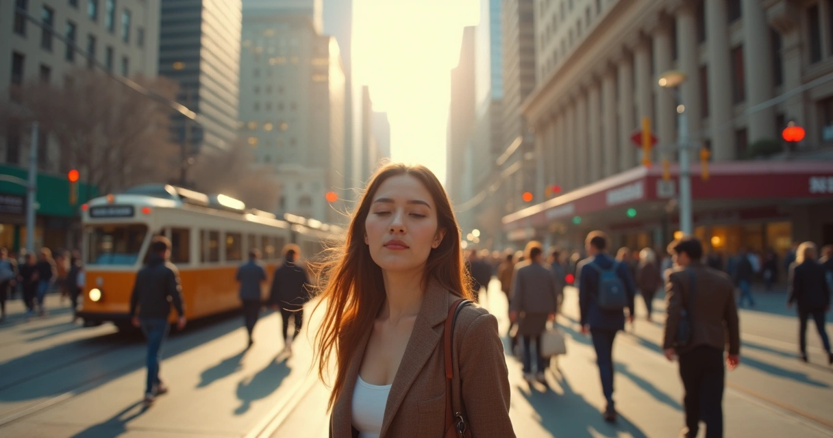 Pessoa caminhando em meio à cidade, olhos fechados, aparentando calma 