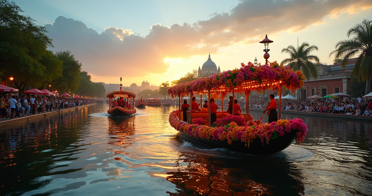 Barcos coloridos navegando nos canais de Xochimilco na Cidade do México, ao entardecer 