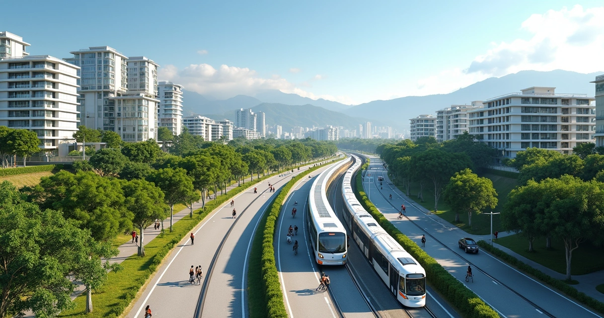 Cidade brasileira moderna com áreas verdes e transporte público sustentável