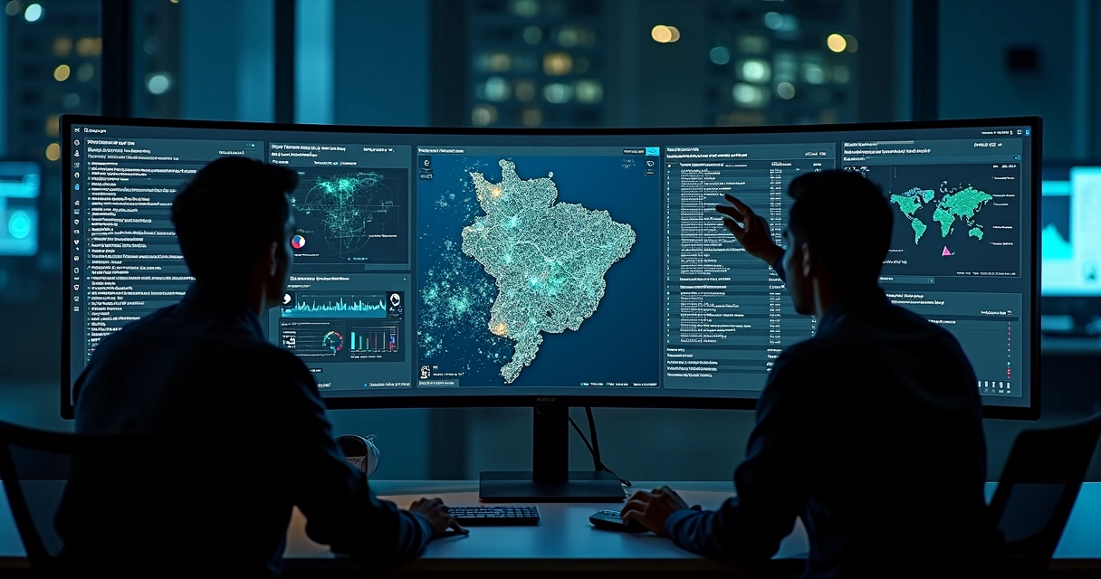 Painel digital mostra monitoramento de logs sobre mapa noturno de cidade 