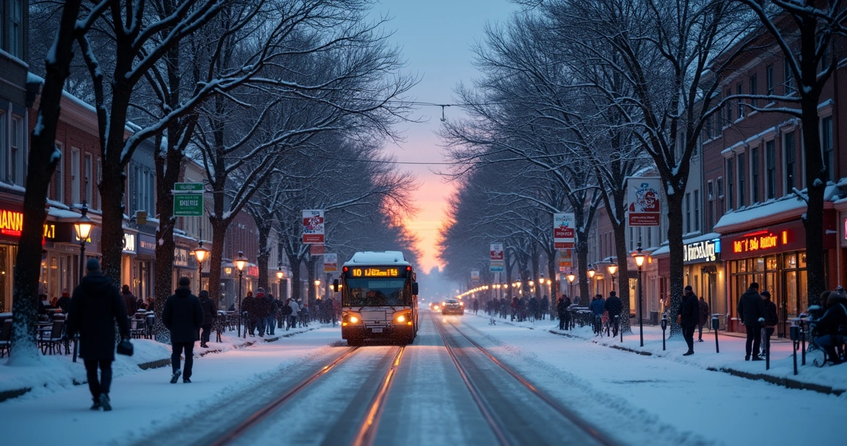 Rua de cidade canadense coberta de neve ao entardecer, ônibus e pessoas com roupas de inverno 