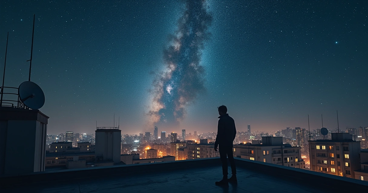 Cidade vista à noite com céu estrelado cheio de galáxias e ausência de naves alienígenas 