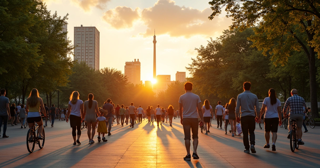 Grupo de pessoas caminhando sorrindo em parque urbano
