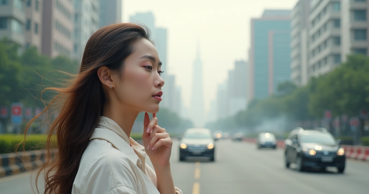 Vista urbana com poluição visível e mulher cuidando dos cabelos em ambiente externo 