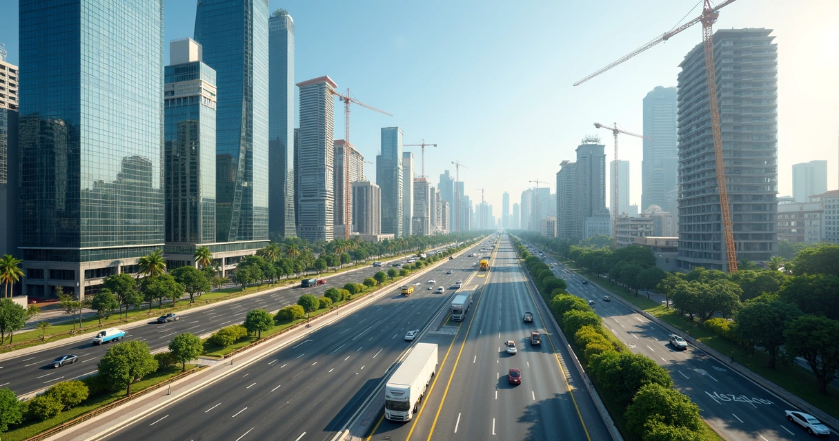 Cidade moderna com prédios novos, rodovia e gruas de construção 