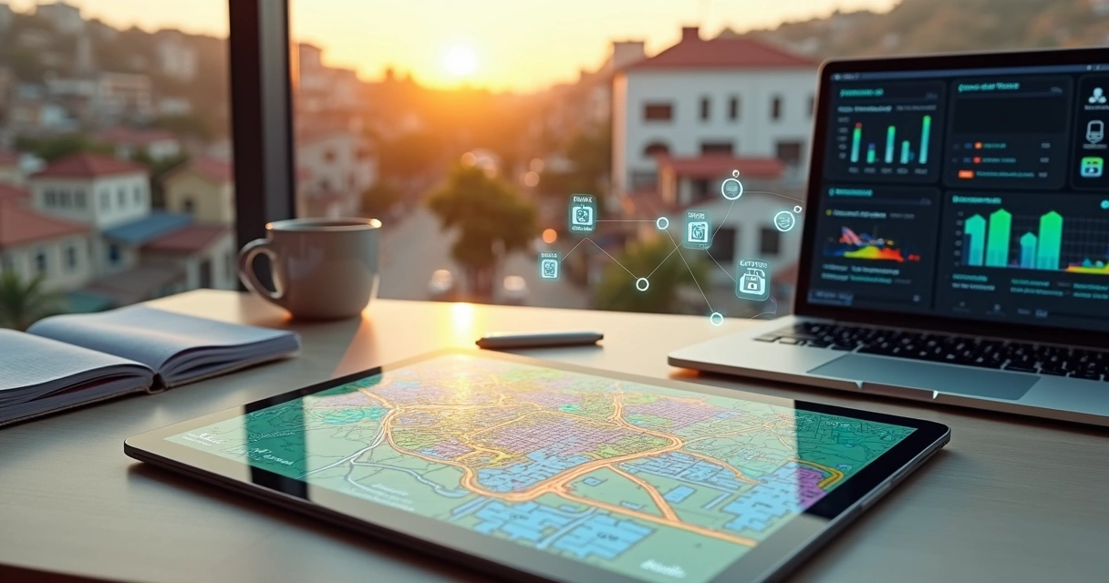 Mapa urbano em tablet com áreas destacadas para regularização fundiária 