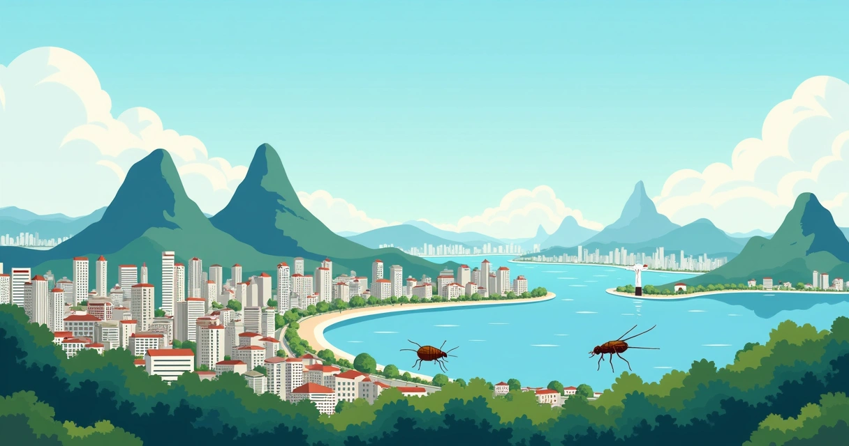 Vista ilustrada do Rio de Janeiro com sinais de pragas representados de forma discreta 
