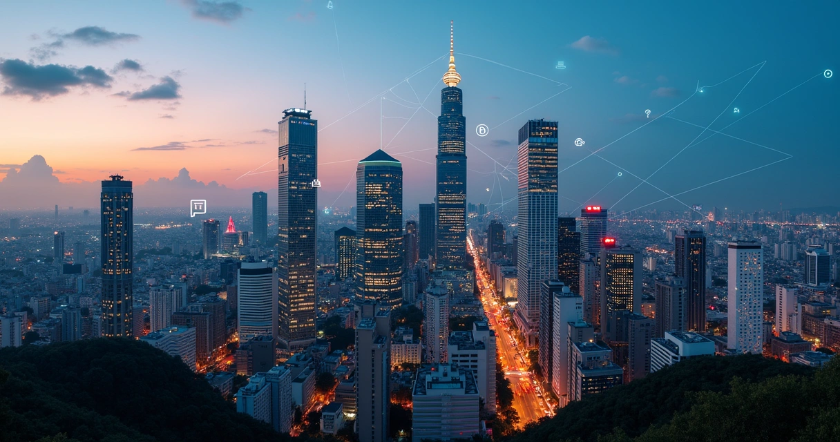 Skyline de São Paulo com elementos visuais de comunicação corporativa 
