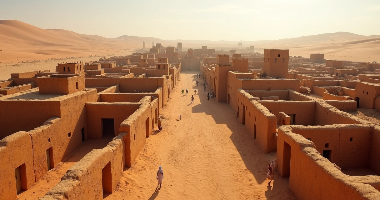 Ruínas antigas de Ouadane com poucas pessoas 