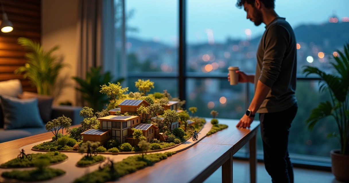 Homem observa cidade sustentável em miniatura iluminada em mesa de madeira 