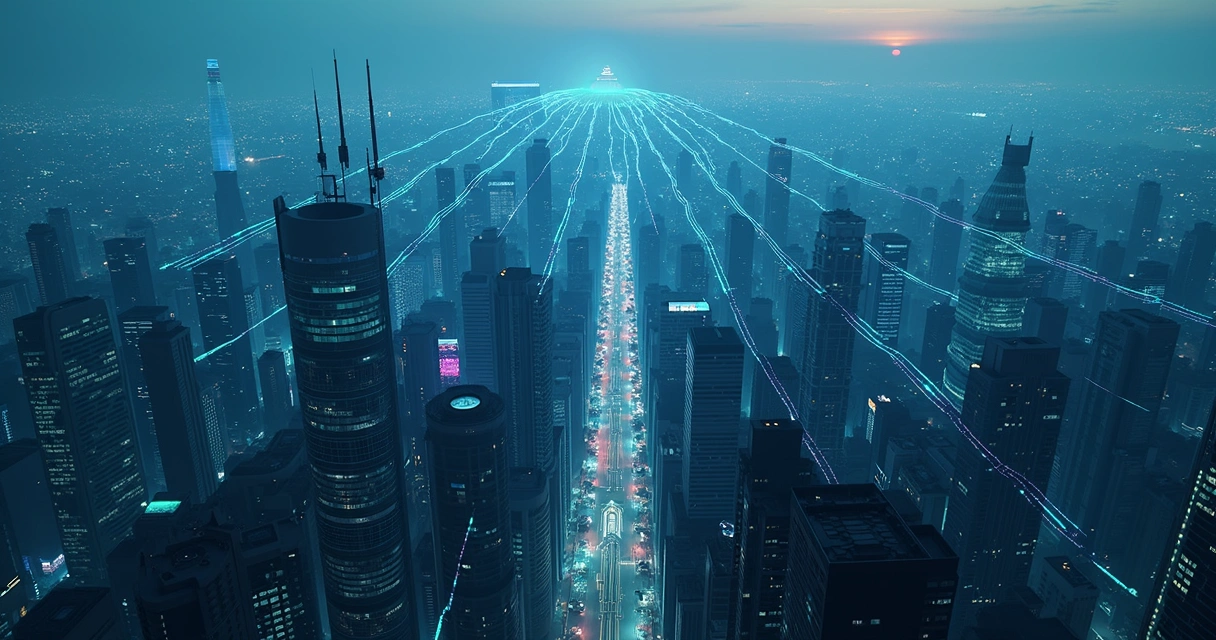 Metrópole noturna vista de cima conectada por linhas luminosas de dados 