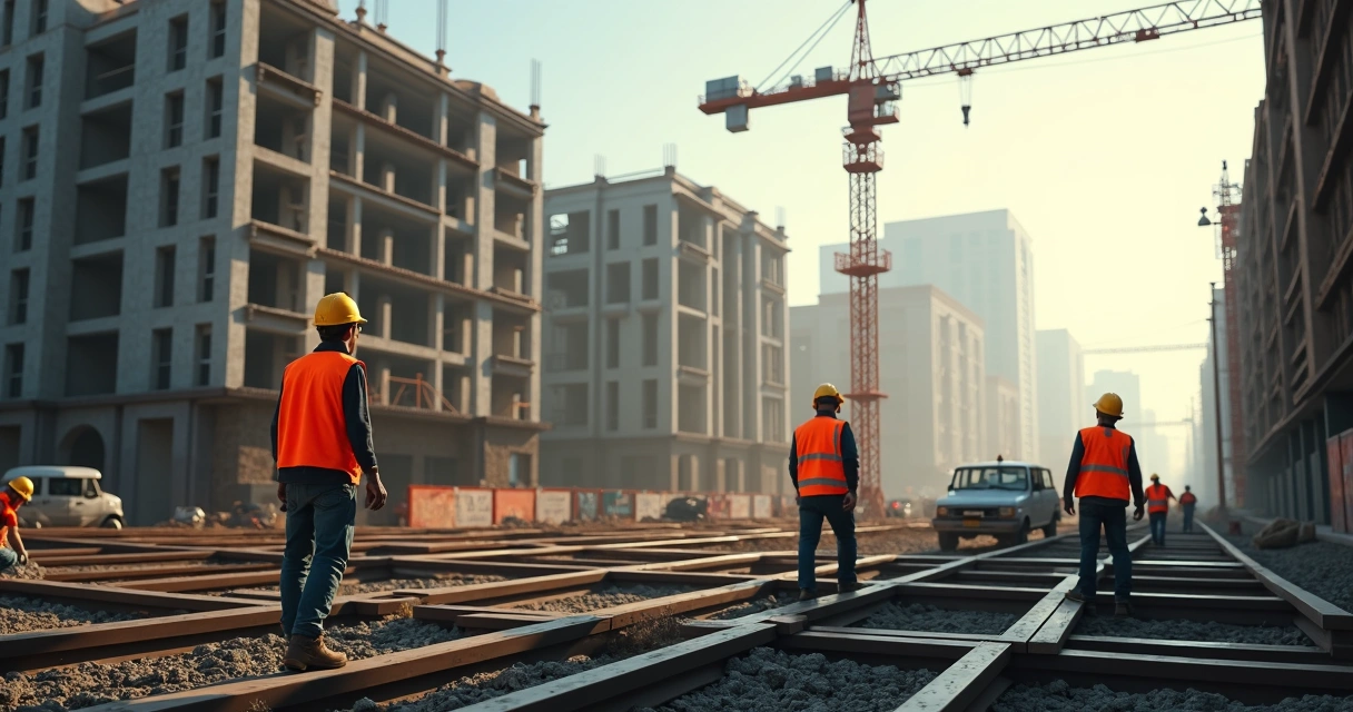 Obra urbana com trabalhadores e guindaste ao fundo 