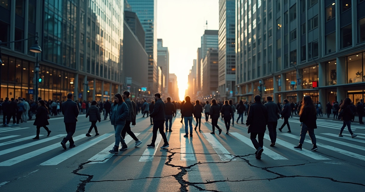 Multidão caminhando em avenida com sombras fragmentadas ao redor 