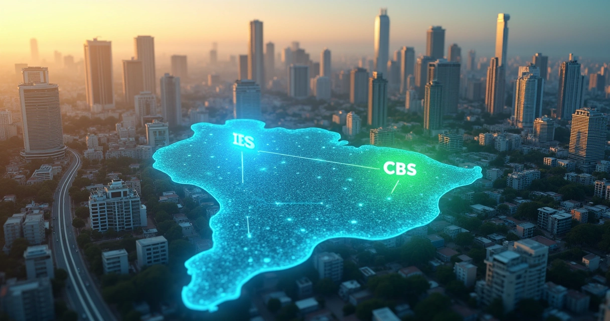 Paisagem urbana com prédios destacados sobre mapa com códigos tributários 