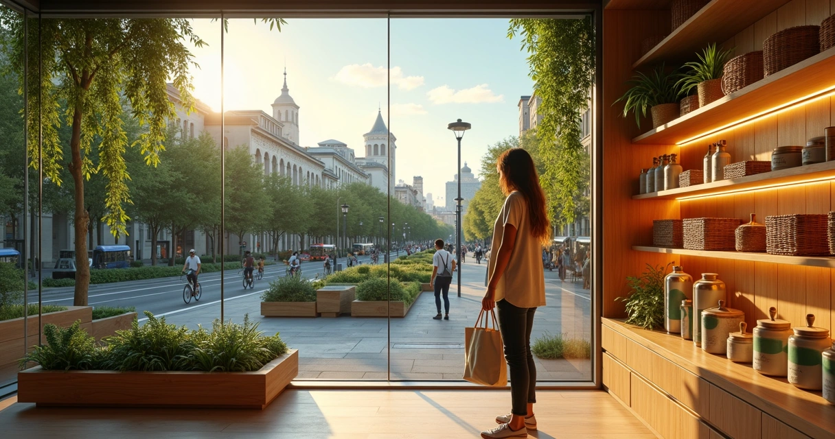Pessoa observa cidade verde através de vitrine com produtos sustentáveis 