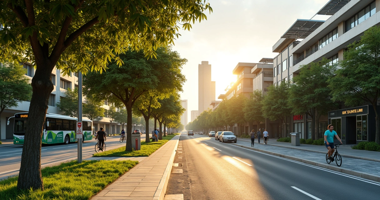 Ciclovia arborizada com transporte urbano e pessoas caminhando 