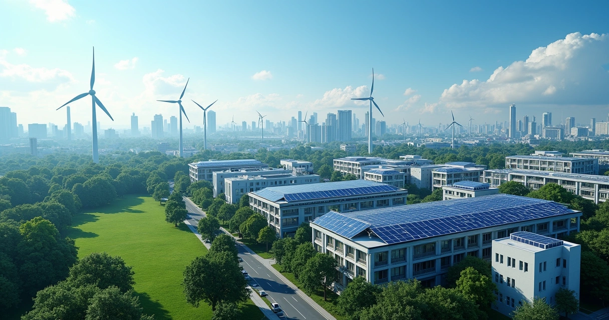 Cidade moderna com painéis solares e turbinas eólicas procurando sustentabilidade 
