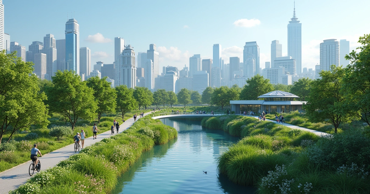 Cidade inteligente com parques verdes e sistema de reutilização de água 