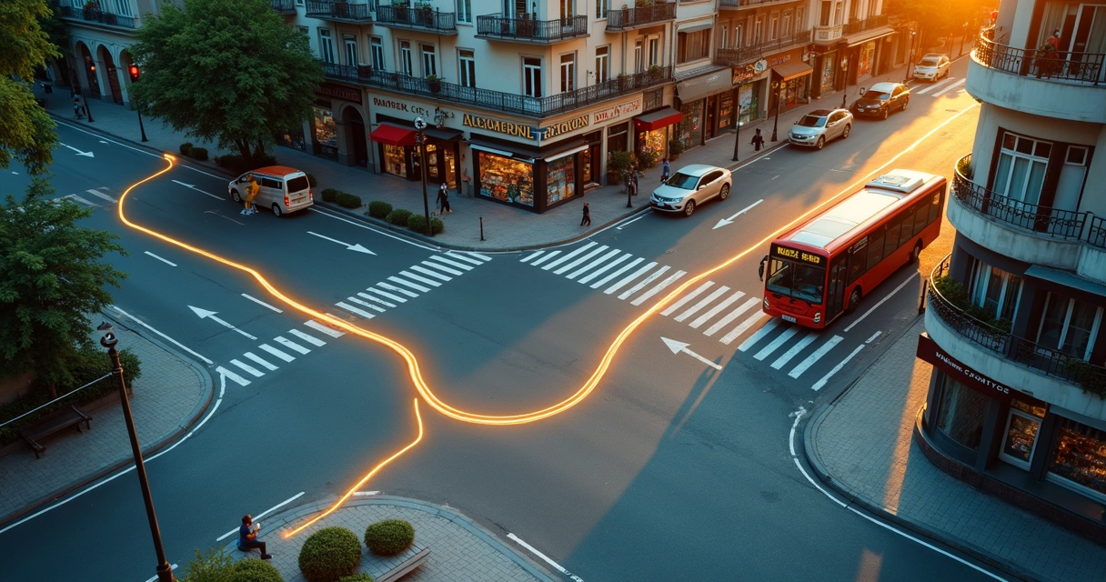 Vista aérea de cidade com linha luminosa conectando cenas do cotidiano 