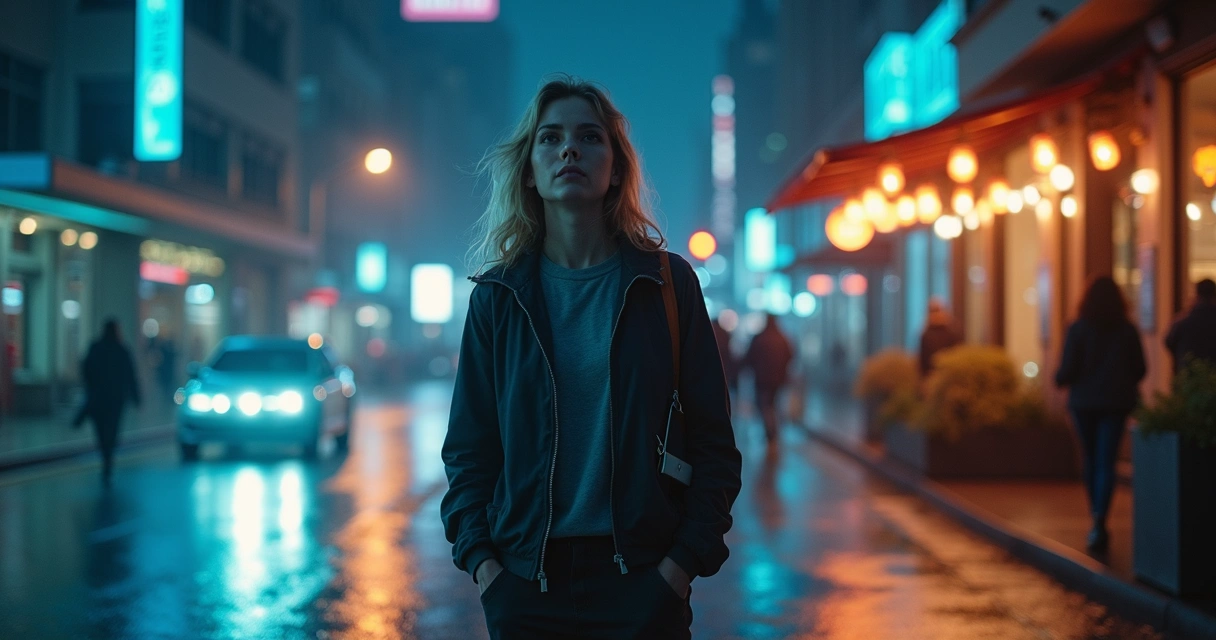 Mulher caminhando em cidade noturna interagindo por voz com dispositivos invisíveis 