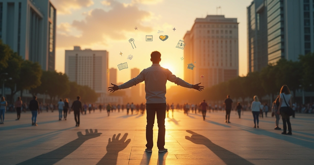 Pessoa em pé diante de sombras projetadas de uma multidão com ícones de direitos civis ao fundo 