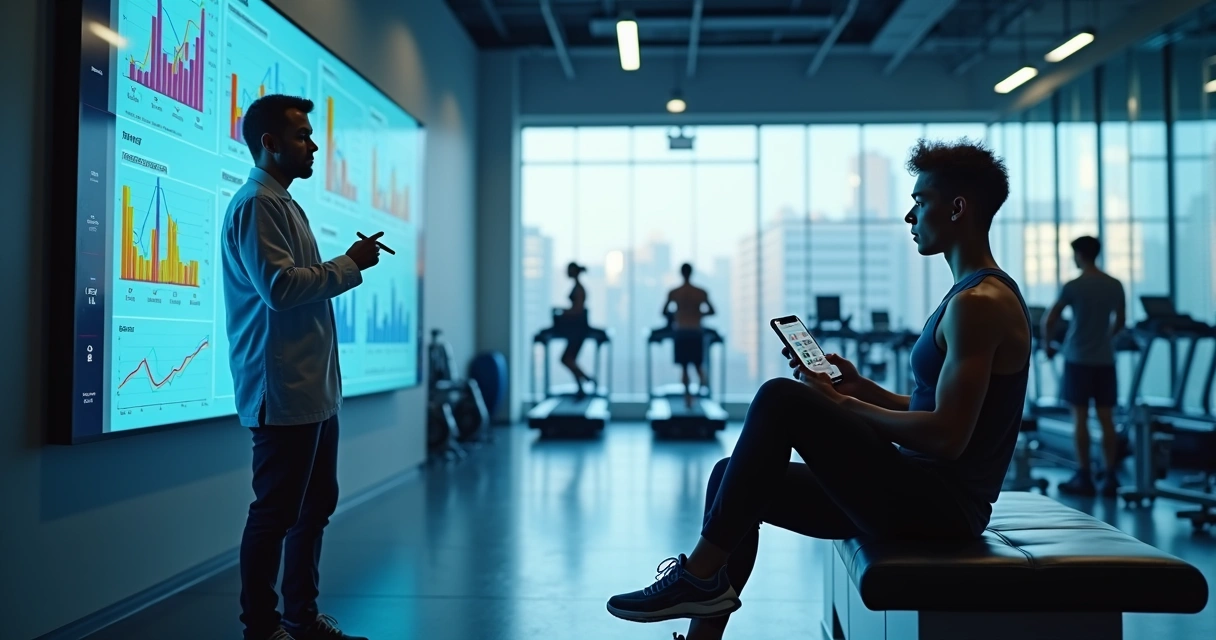 Pesquisador analisa gráficos de evolução de treino em tela grande ao lado de jovem vendo app de musculação no celular 