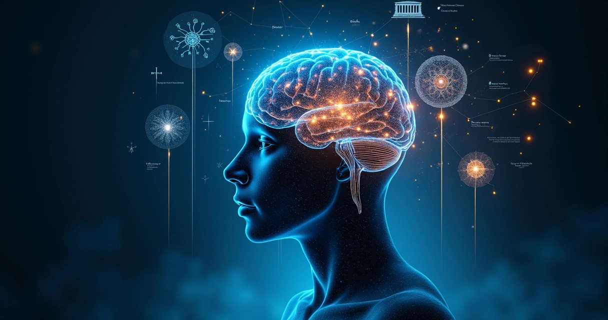 Cérebro humano iluminado integrado a símbolos de ciência, filosofia, psicologia e espiritualidade 
