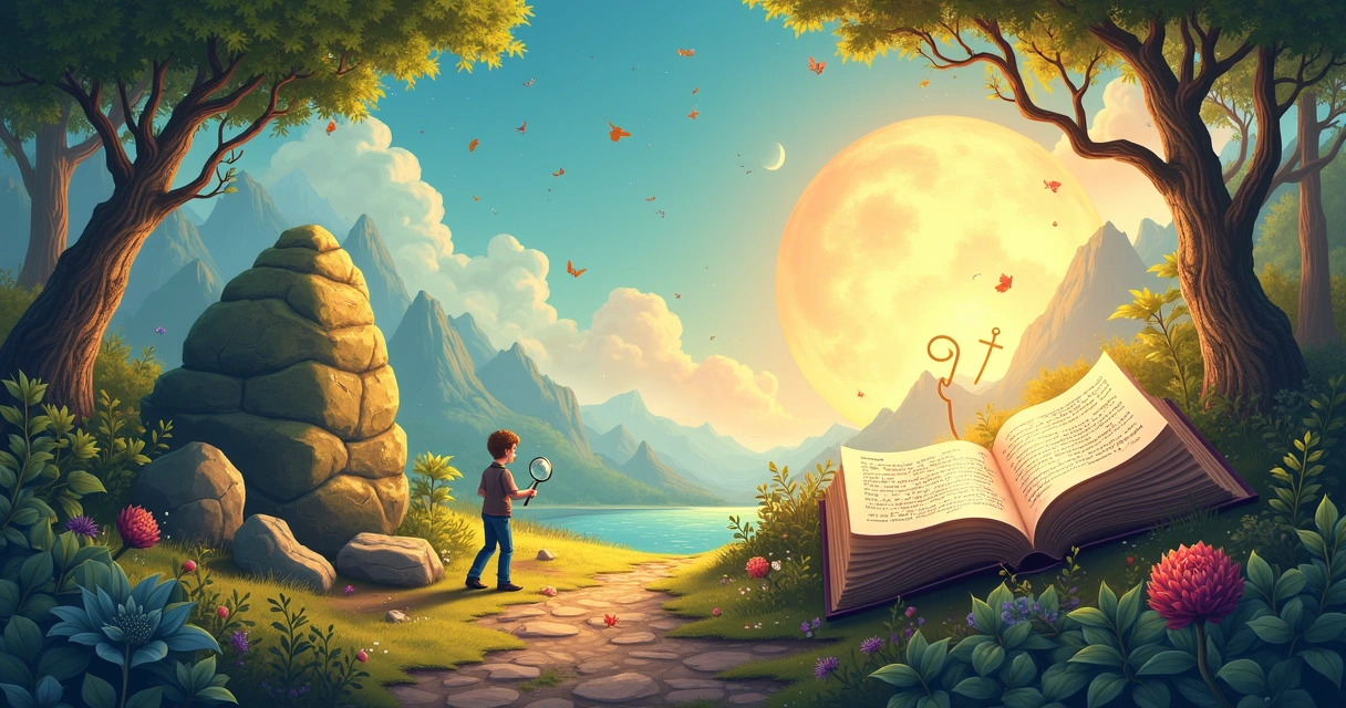 Ilustração da interação entre ciência e fé sobre a idade da Terra, misturando elementos naturais e religiosos.