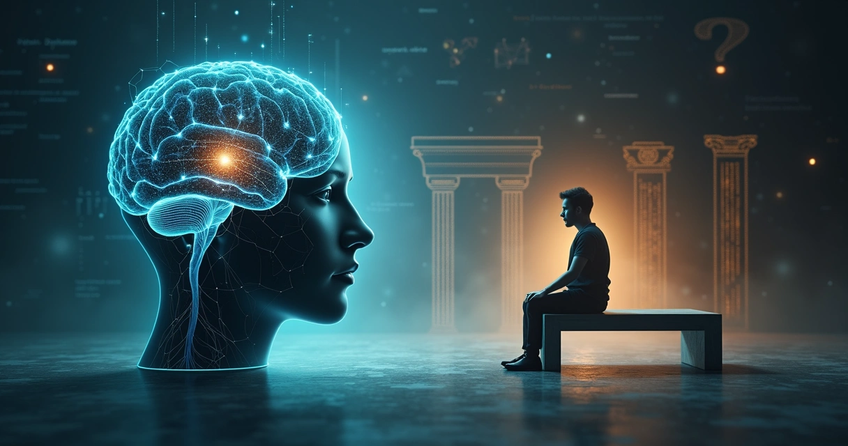 Cerebro humano iluminado junto a figura pensativa que integra ciencia y filosofía 