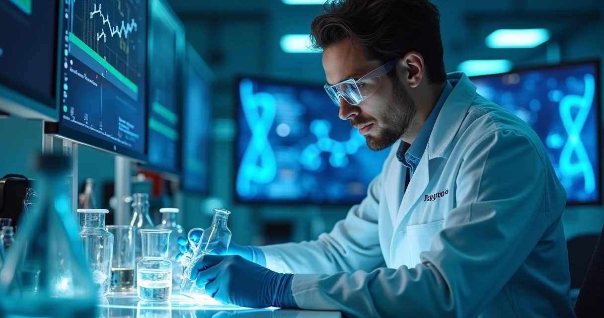 Pesquisador analisando medicamento novo no laboratório, vidrarias e luz azul 