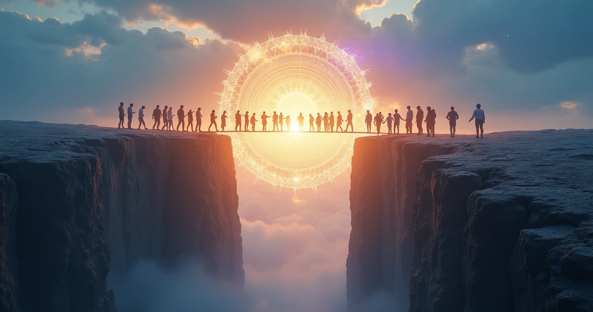 Silhuetas de pessoas em lados opostos se aproximando sobre uma ponte de luz 