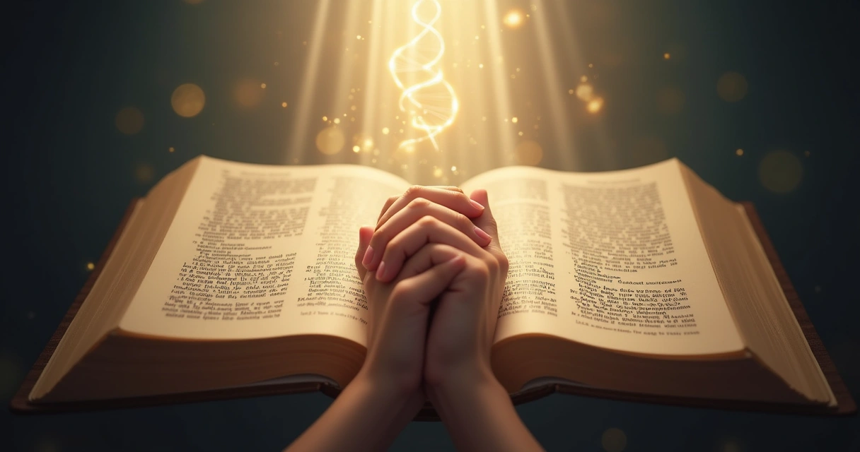 Mãos entrelaçadas segurando um livro de ciências e outro de religião 