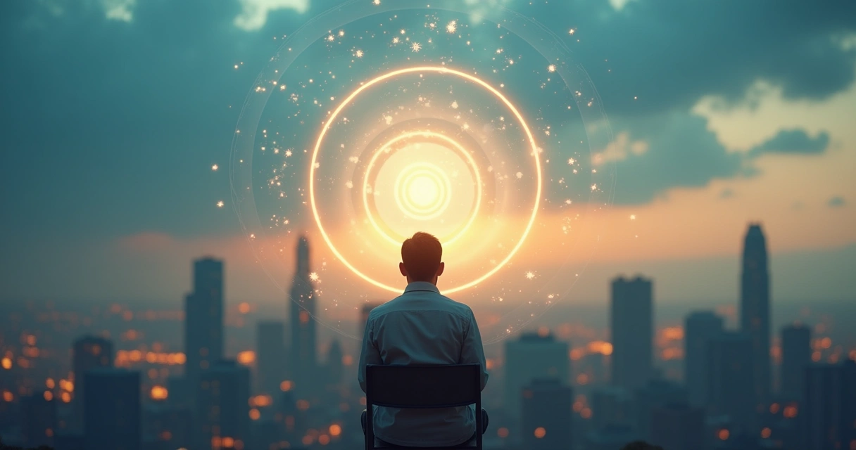 Pessoa em reflexão com múltiplas camadas de consciência conectadas por linhas de luz 