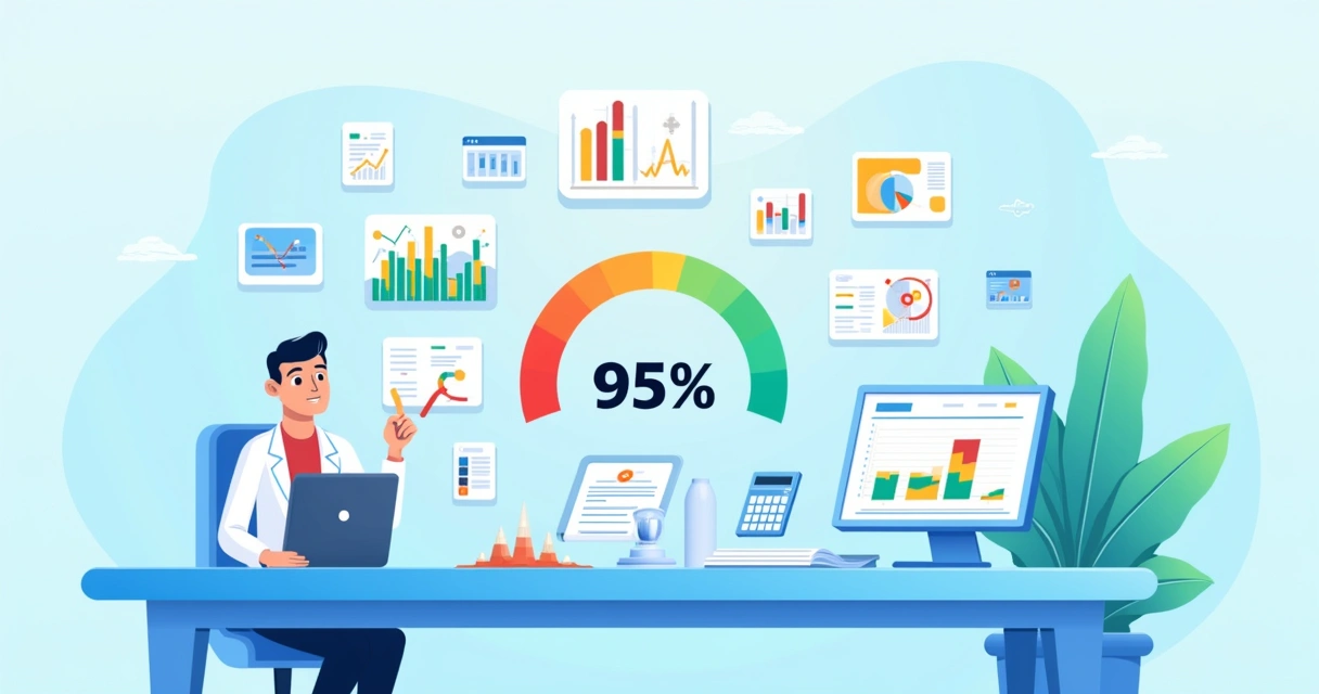 Ilustração de um cientista analisando dados em uma mesa de vidro, com gráficos e um medidor de confiança a 95%.