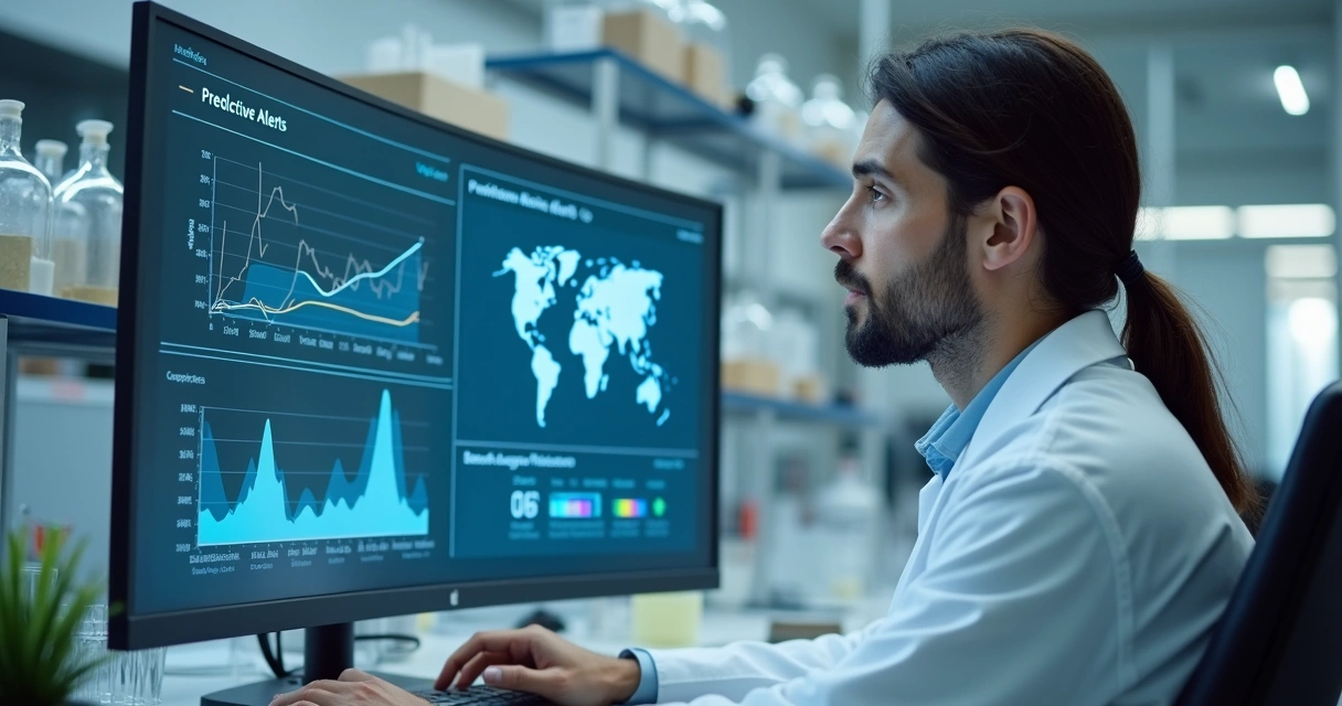 Cientista analisando gráficos preditivos em monitor 