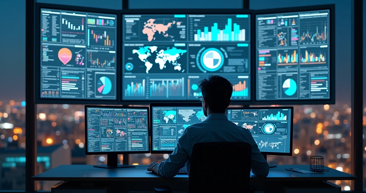 Profissional de dados analisando grandes volumes em painel digital 