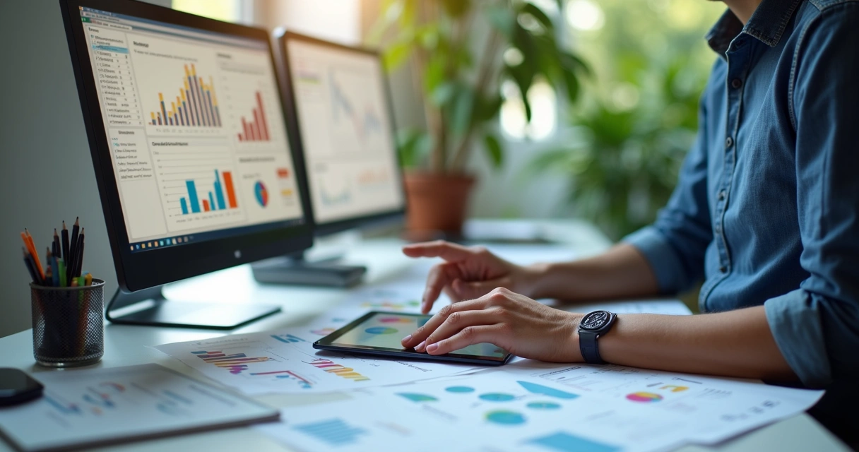 Analista de dados mexendo em planilhas de varejo no computador 