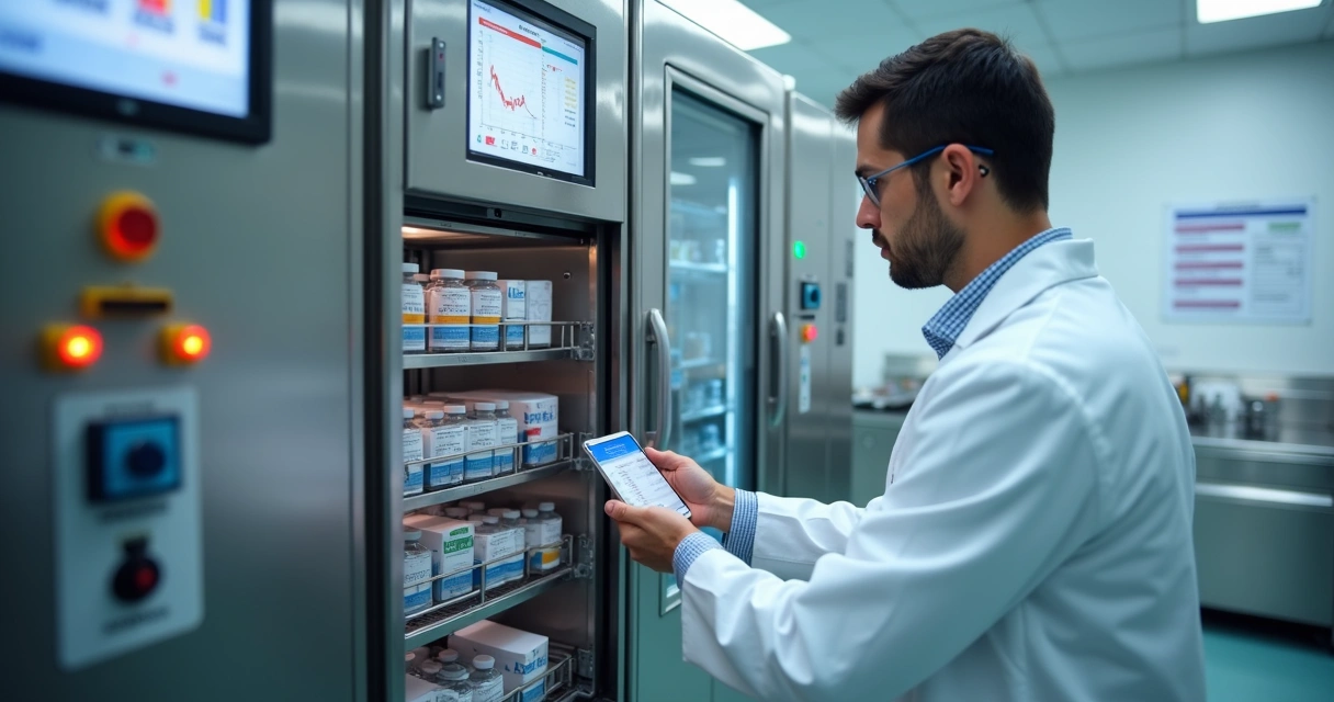 Profissional de laboratório inspecionando monitoramento de equipamentos de vacina
