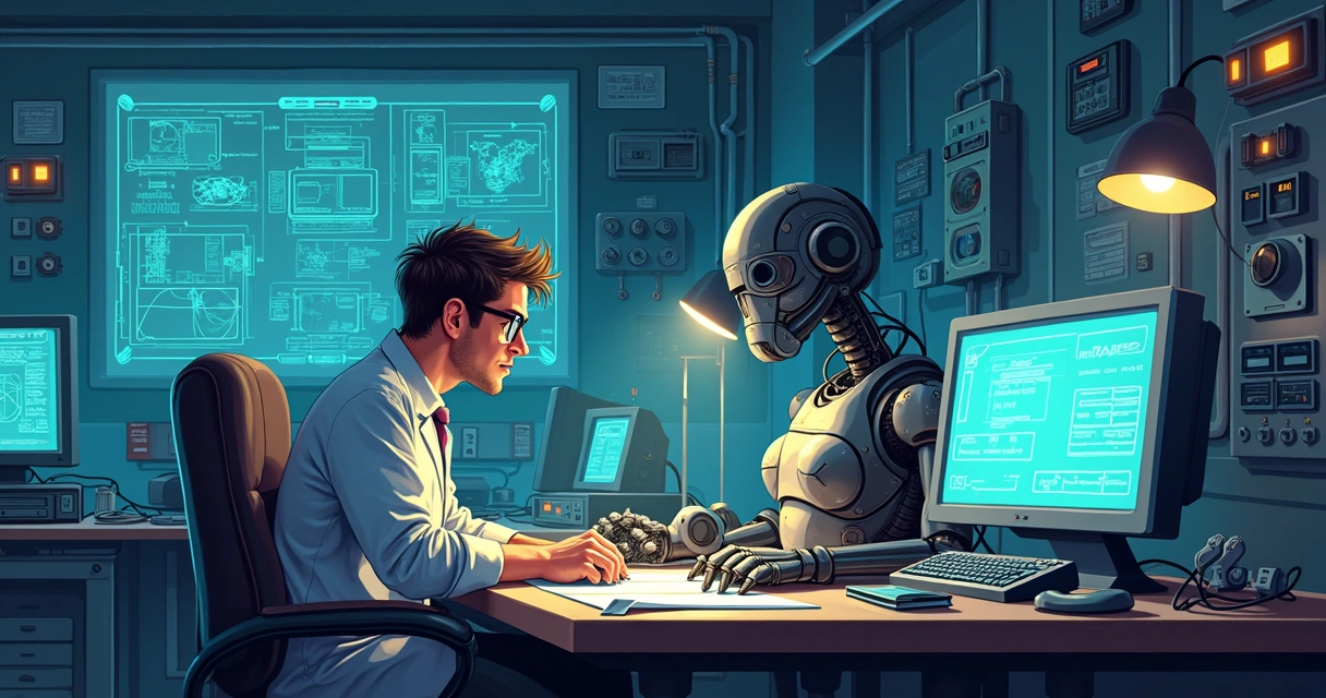 Cientista dos anos 80 em laboratório com computadores antigos e robô em construção 