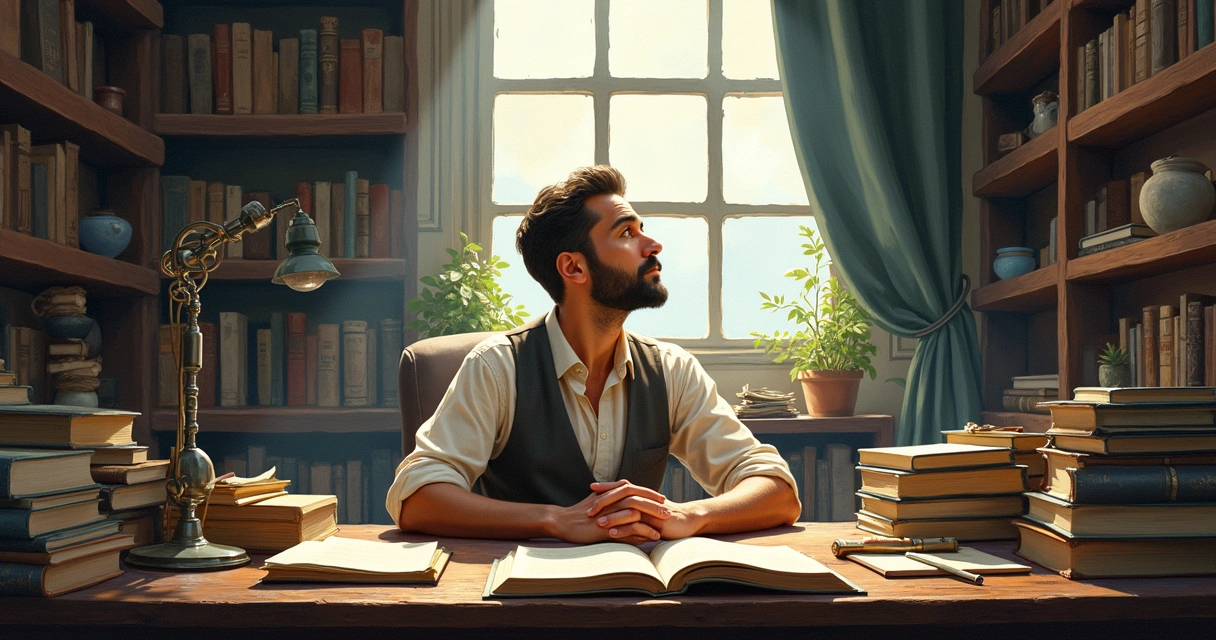 Pesquisador cercado por livros sagrados e equipamentos científicos 