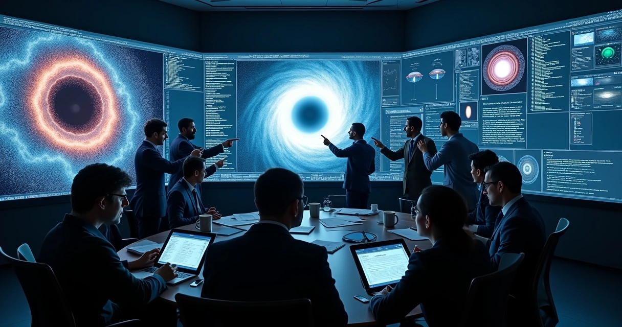 Equipe de pesquisadores analisando imagens de buracos negros em computadores científicos