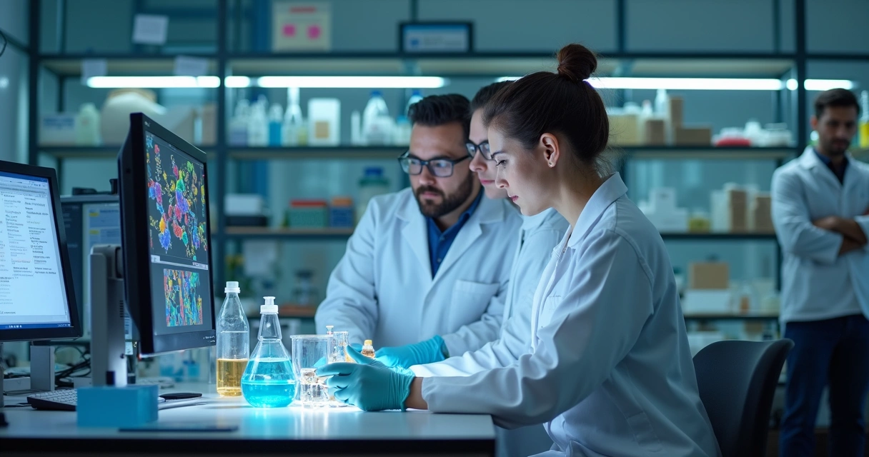 Grupo de cientistas analisando material genético em laboratório 
