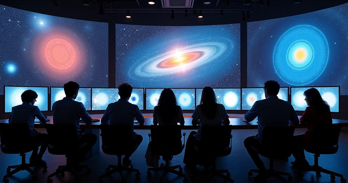 Cientistas cidadãos analisando dados em monitores com imagens de rádio do universo ao fundo 