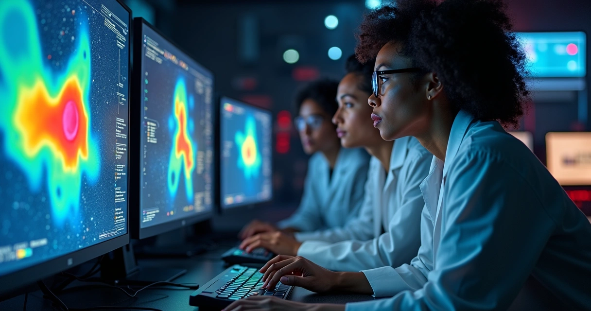 Cientistas analisando dados de planetas em ambiente escuro.