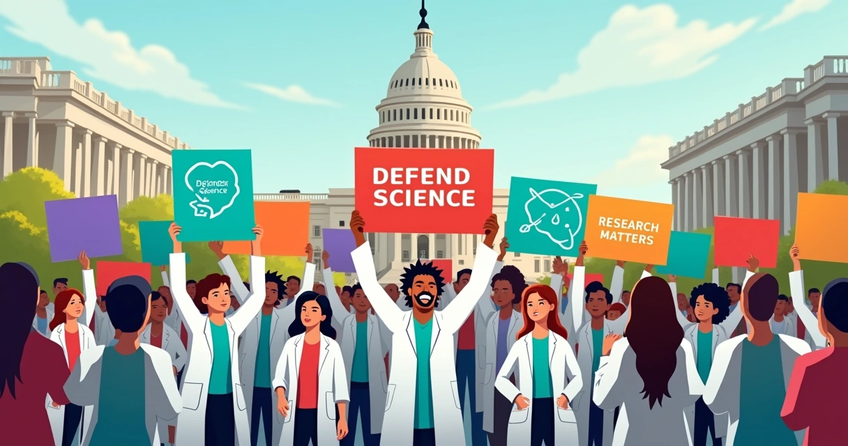 Grupo de cientistas em protesto em frente a um prédio público, segurando cartazes coloridos 