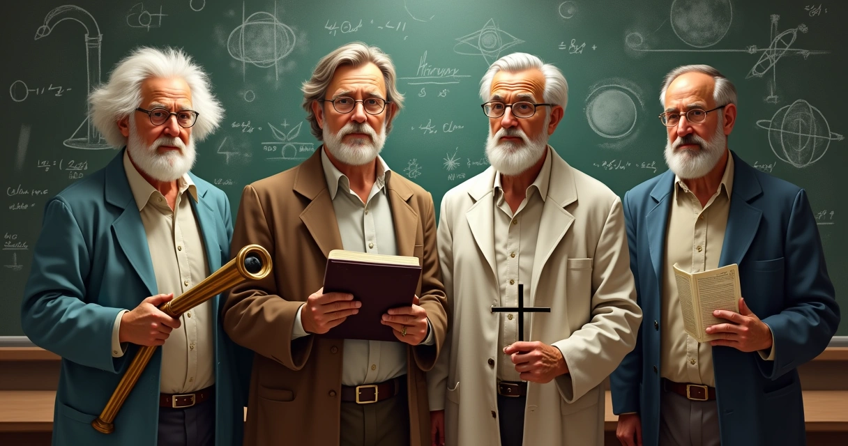 Grandes cientistas com símbolos religiosos 