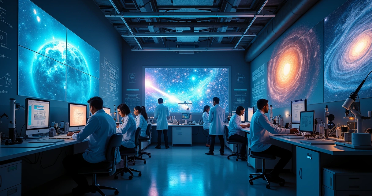 Cientistas decifrando enigmas cósmicos em laboratório 