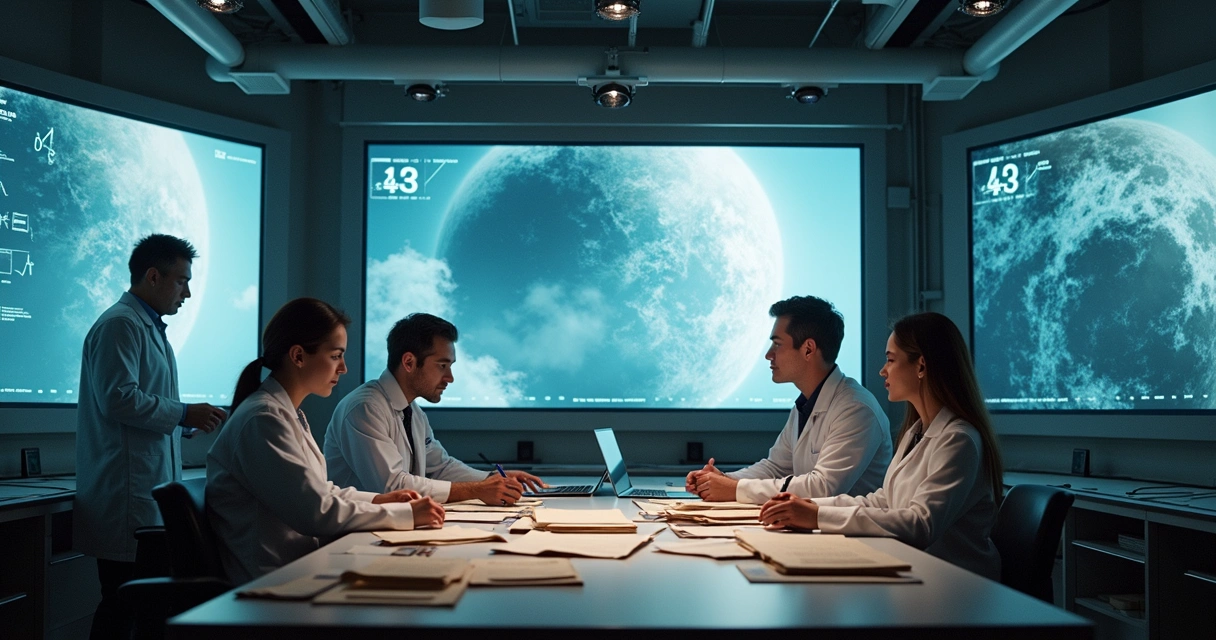 Equipe de cientistas analisando dados antigos de Vênus em laboratório 